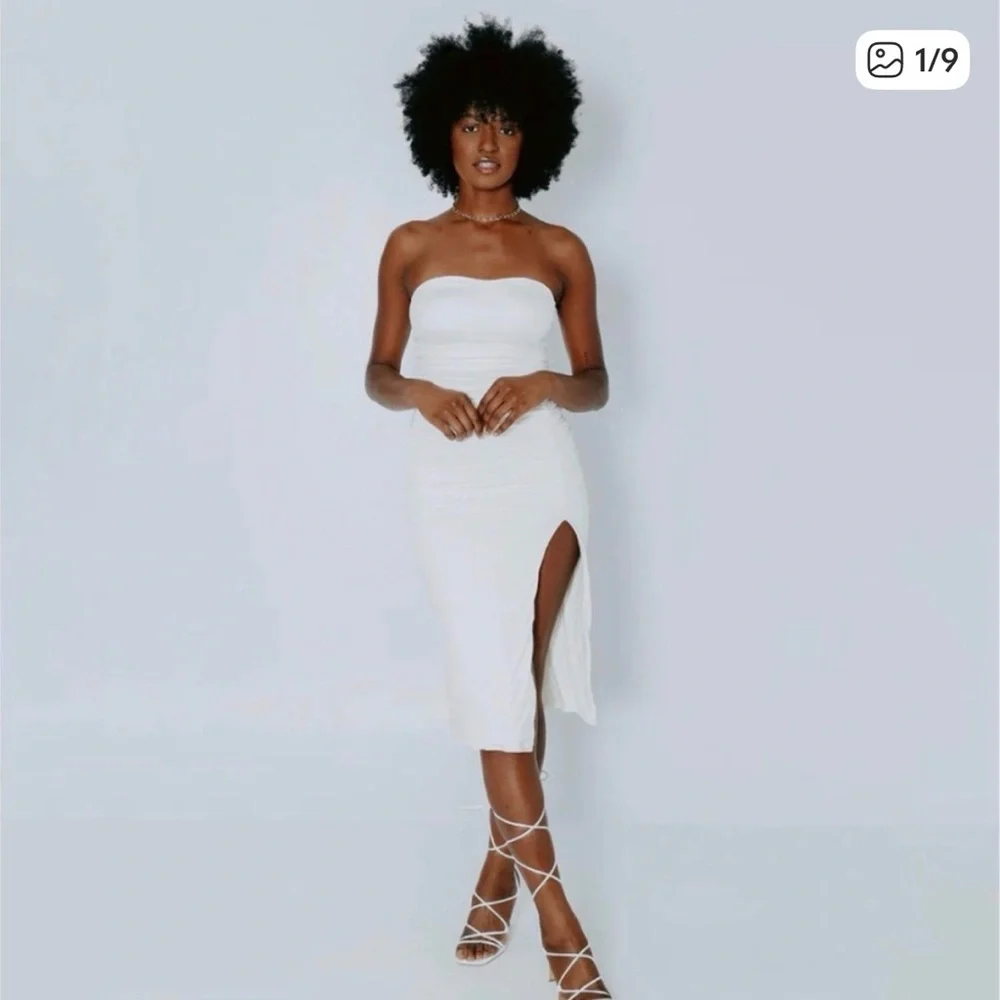 Klassy Network Cream Strapless Midi Dress with Thigh Slit